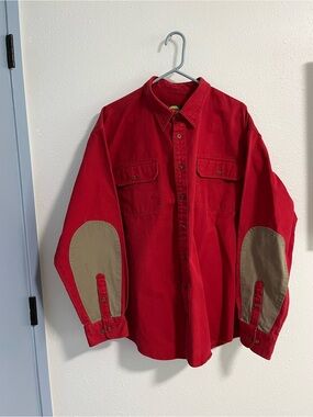 Cabela's Red Casual Button-Down Shirt with Tan Elbow Patches 3XLT